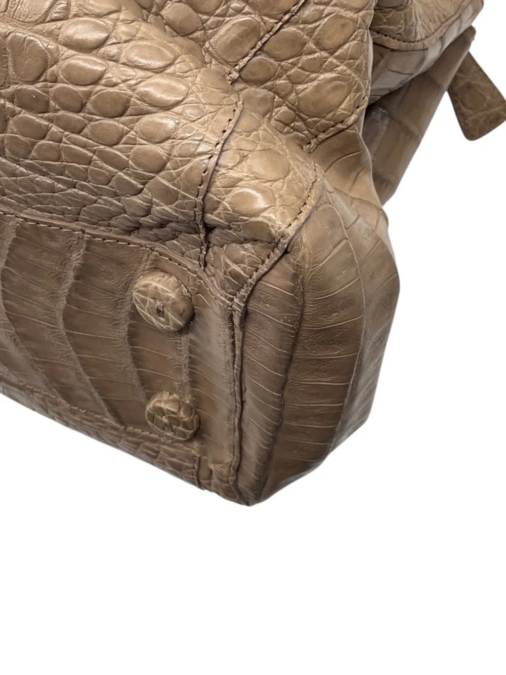 NANCY GONZALEZ TAUPE GENUINE CROCODILE DOUBLE TOP HANDLE SATCHEL HANDBAG